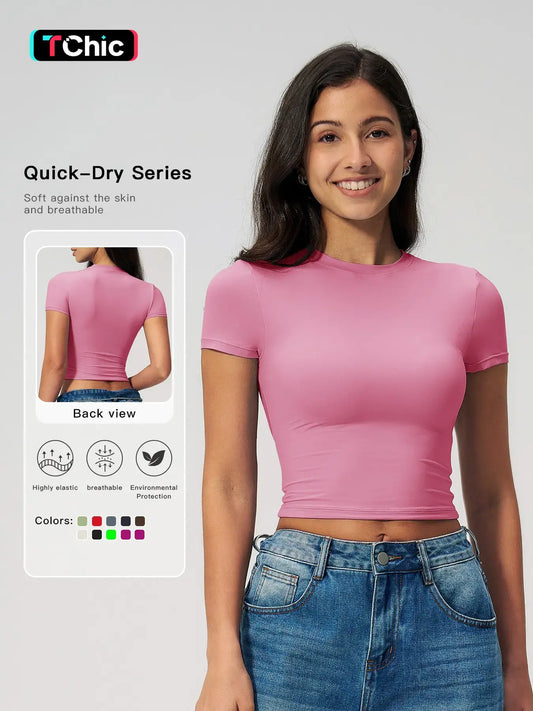 Women's Plain Round Neck Crop Sports Tee, Sporty Casual Tight-fitting Short Sleeve T-shirt for Yoga…