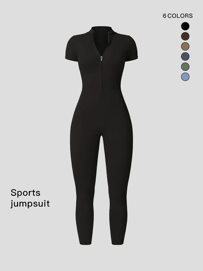 Women's Solid Zipper Mock Neck Sports Jumpsuit, Summer Outfits 2024