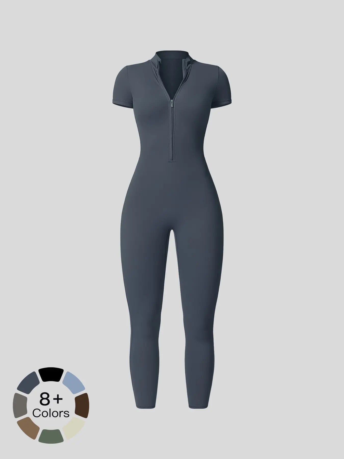 Women's Solid Short Sleeve Half Zip Sports Jumpsuit, Stretchy Jumpsuit