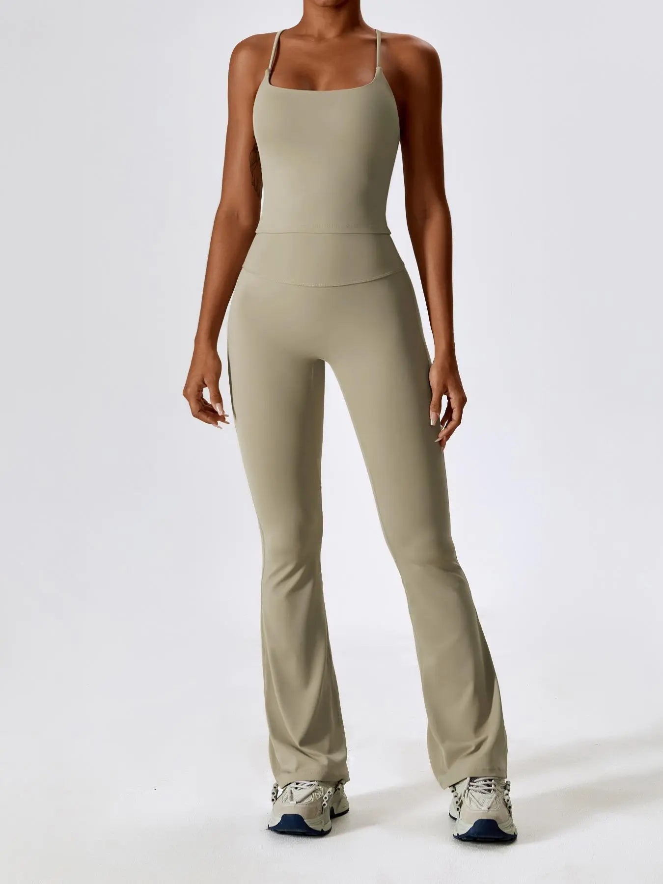 Two-Piece Set Women's Solid Criss Cross Backless Cami Top & Flare Leg Pants, Fitness Activewear - image 2