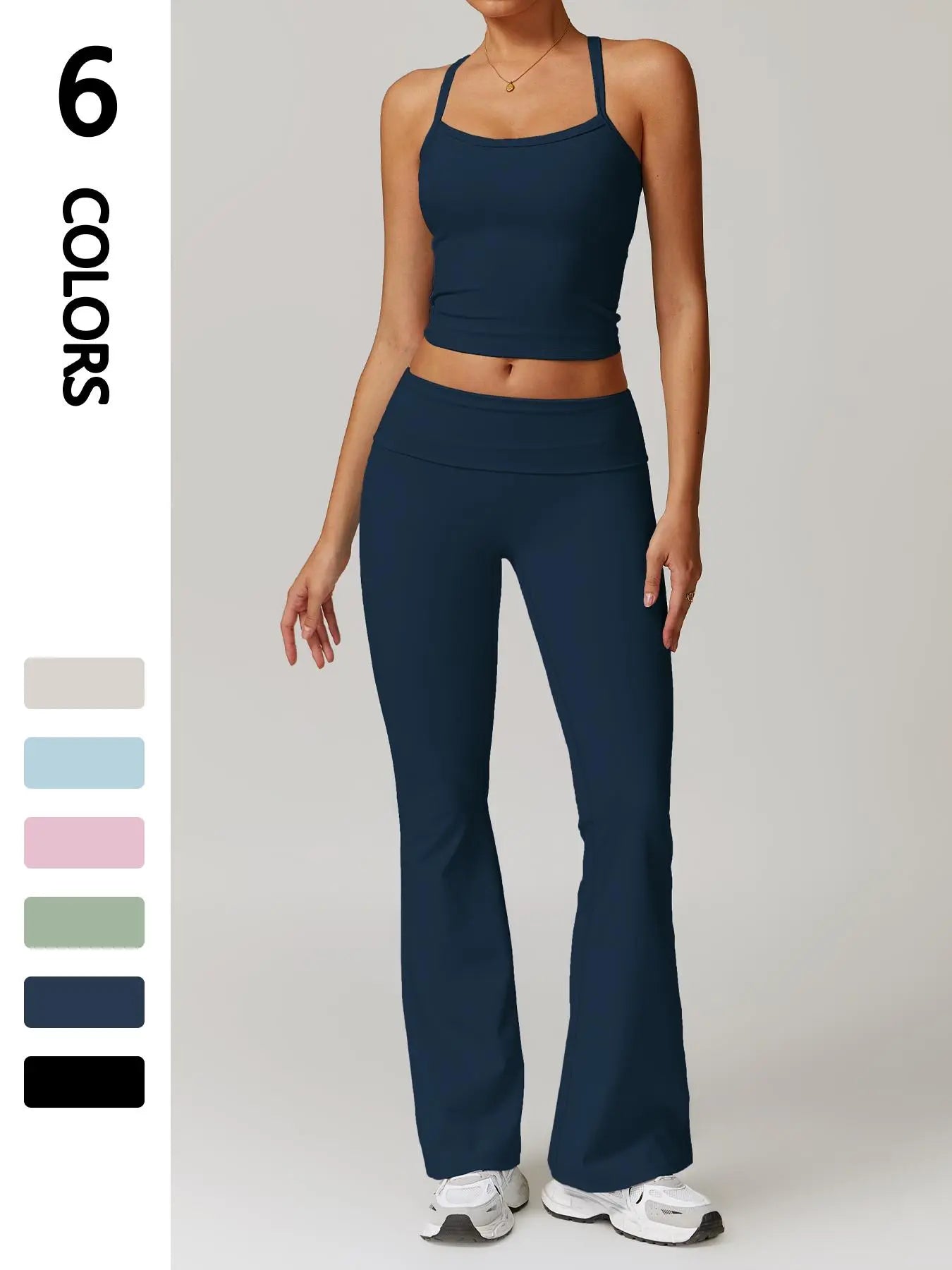 Sporty Two-Piece Set Women's Plain Crop Cami Top & Flare Leg Pants Sports Set, Activewear Fitness…