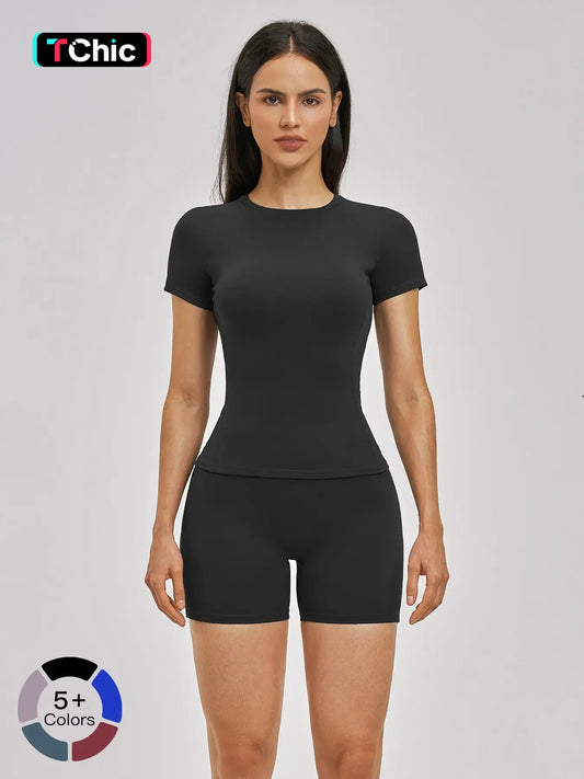 Spring Cross-Border Fleece Short Sleeve Sports Set, Women's Yoga Fitness