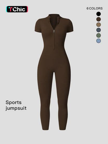 Women's Solid Zipper Mock Neck Sports Jumpsuit, Summer Outfits 2024