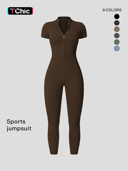 Women's Solid Zipper Mock Neck Sports Jumpsuit, Summer Outfits 2024
