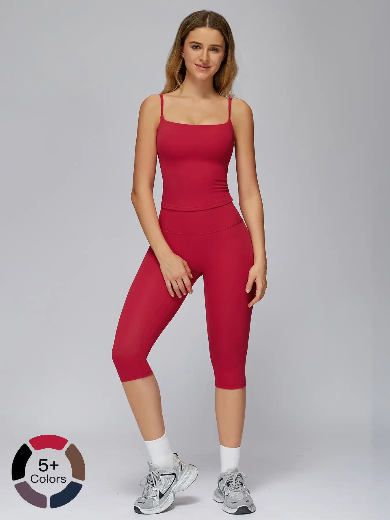 Women's Yoga Set, Tight-Fitting Mid-Thigh Pants & Casual Sports Tank Top