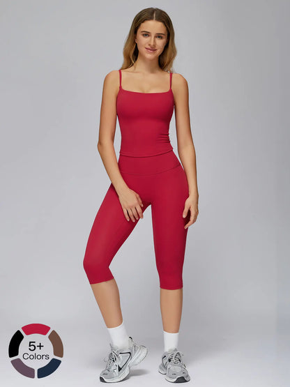 Women's Yoga Set, Tight-Fitting Mid-Thigh Pants & Casual Sports Tank Top