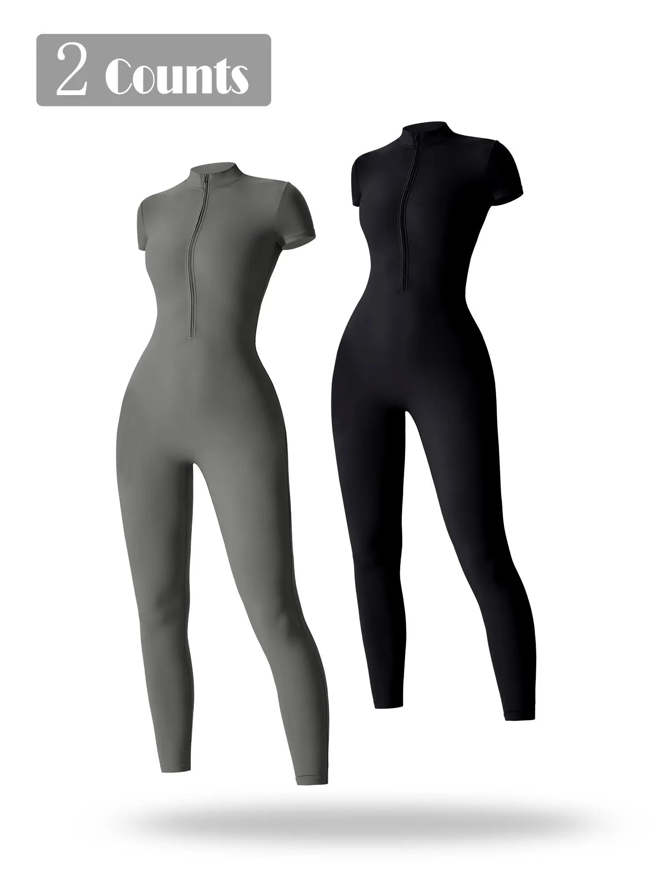 Women's Solid Short Sleeve Half Zip Sports Jumpsuit, Stretchy Jumpsuit