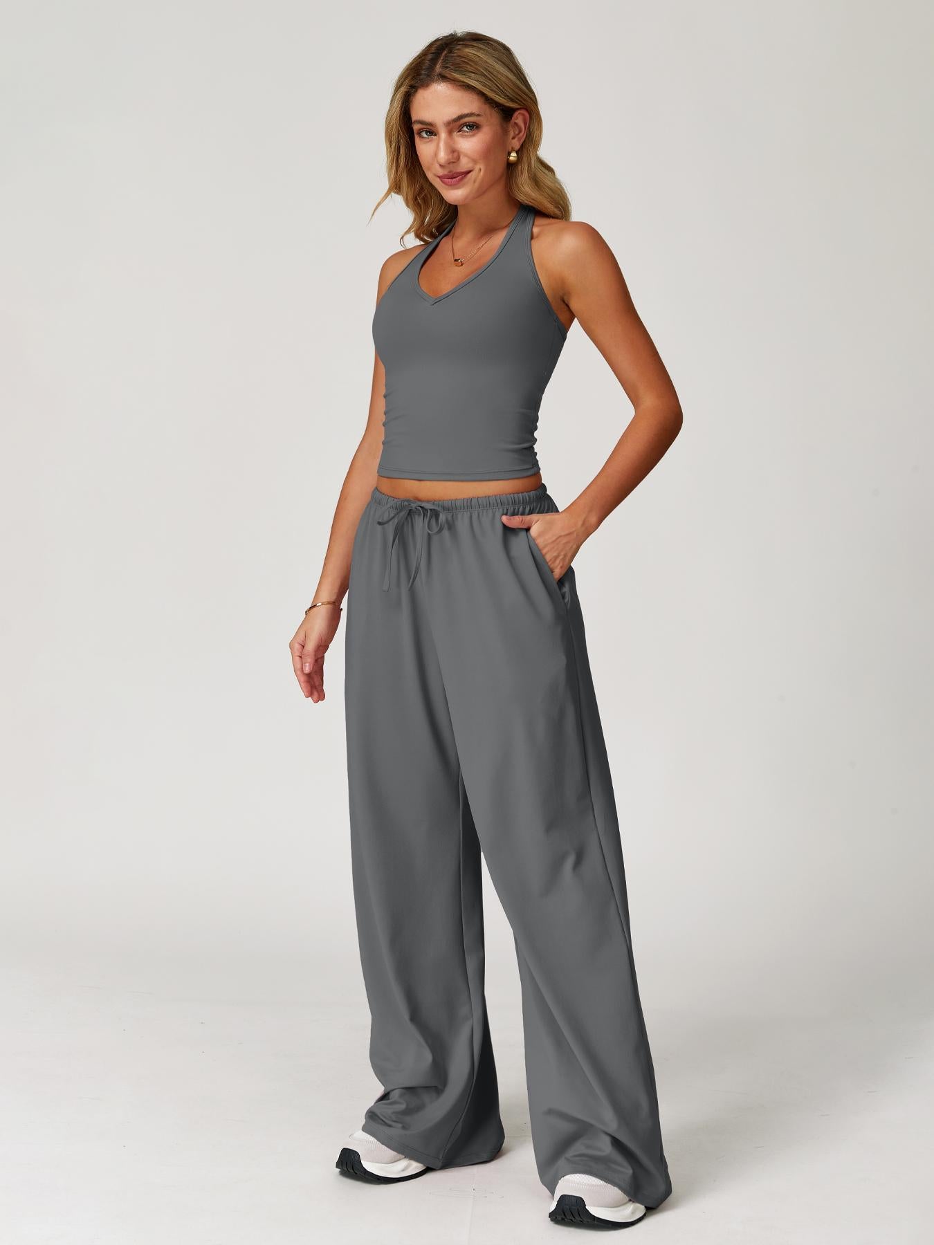 Women's Solid Halter Neck Top & Wide Leg Pants Sports Set, Casual Sleeveless Top & Pants for Daily… - image 28