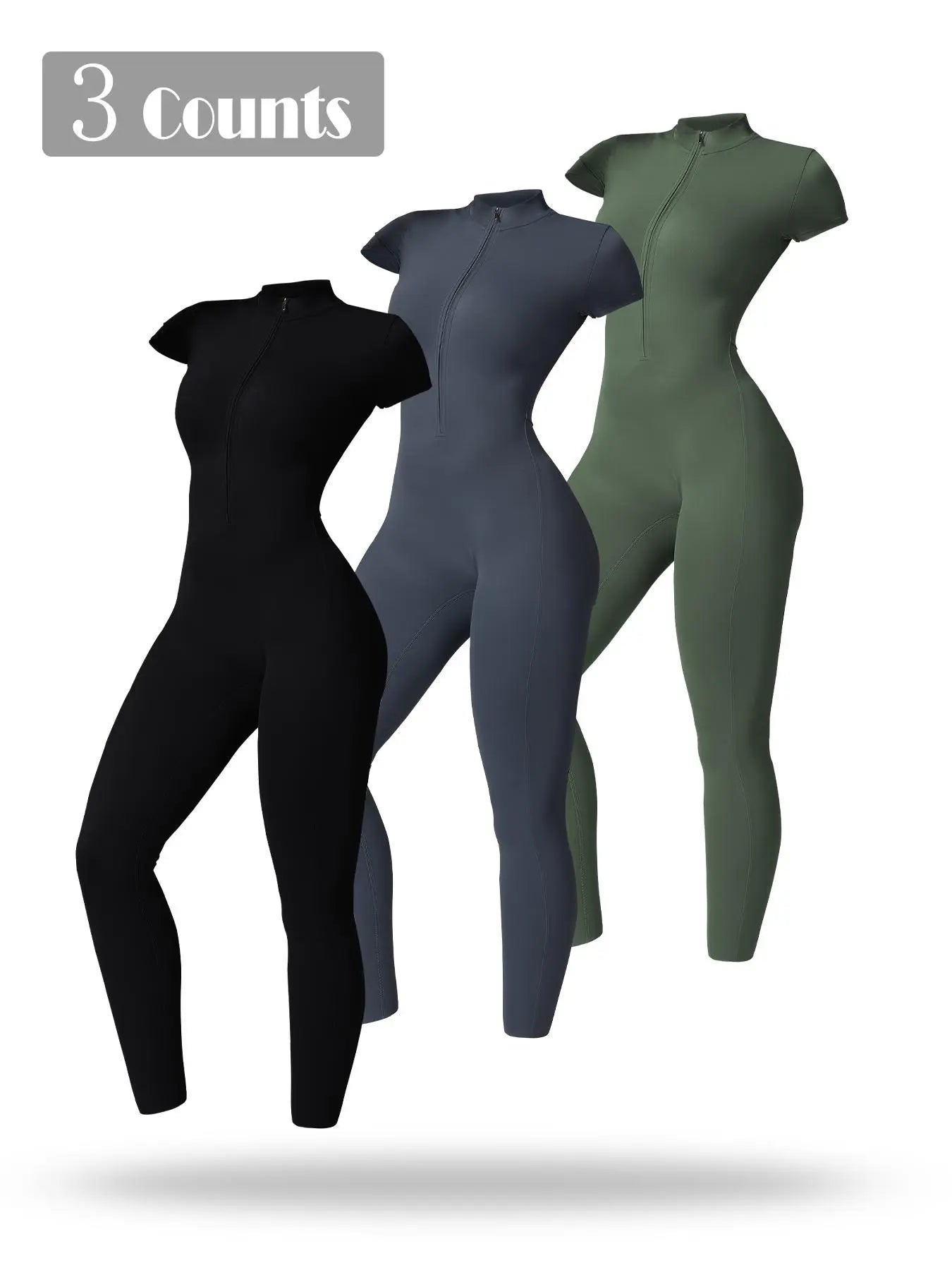 Women's Solid Short Sleeve Half Zip Sports Jumpsuit, Stretchy Jumpsuit