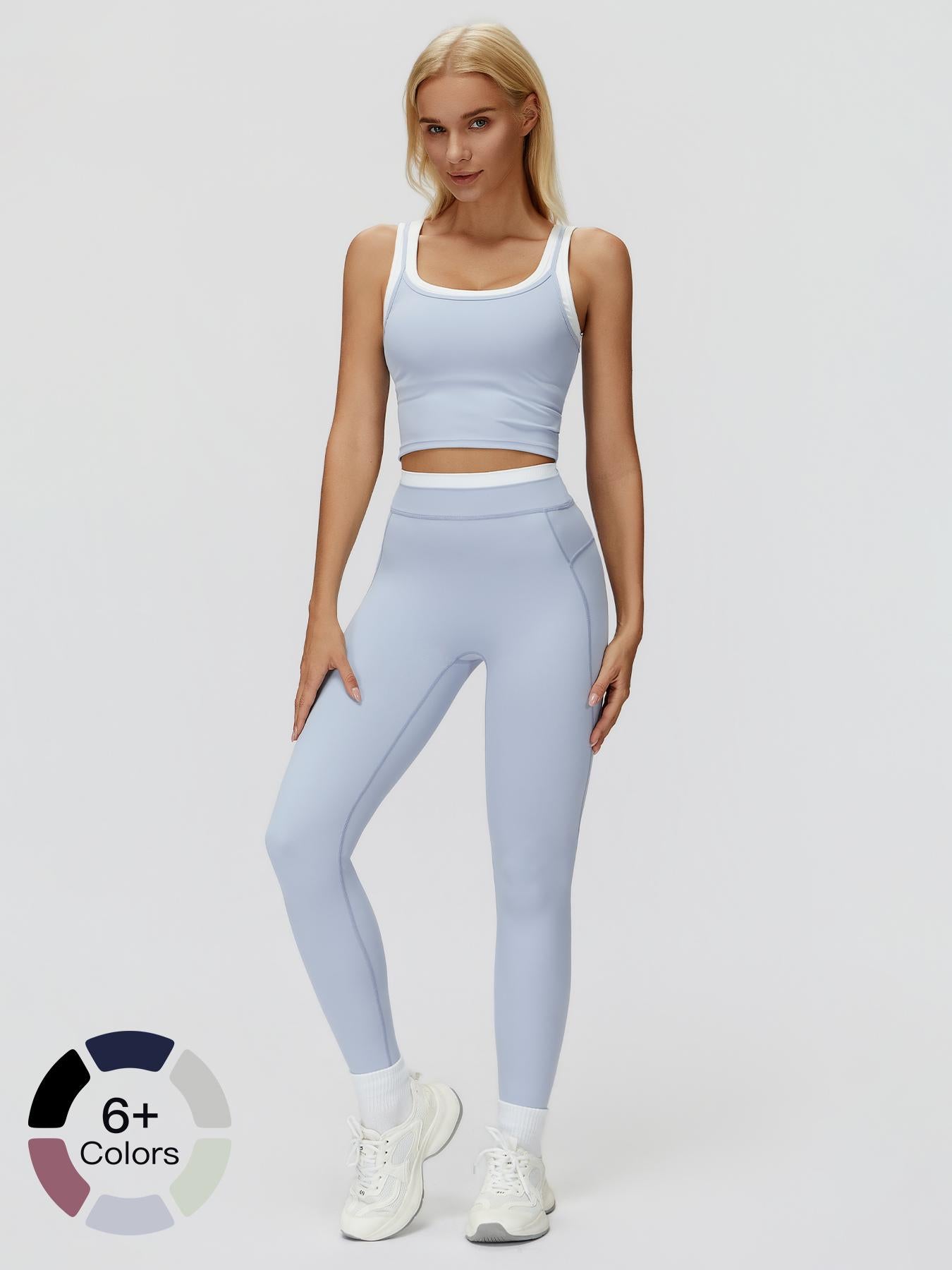 Women's 2-Piece Colorblock Yoga Set, High-Waisted Ribbed Casual Fitness Sportswear - image 23