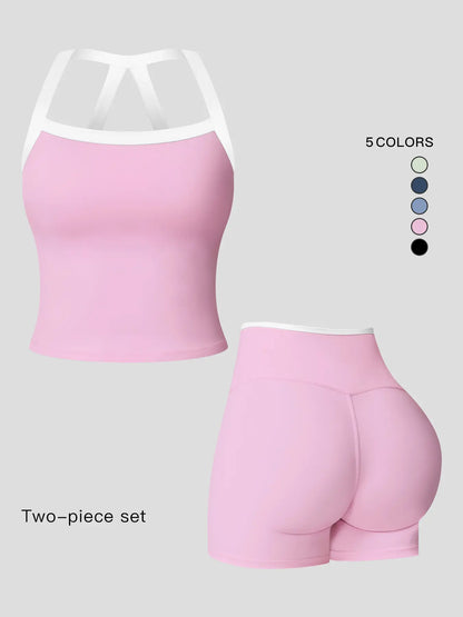 Women's Athletic Yoga Set, Sporty Plain Colorblock Crisscross Backless Crop Top & Tight-Fitting Shorts