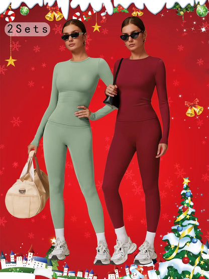 Women’s Quick Dry Long Sleeve & High Waist Leggings Sets for Fitness