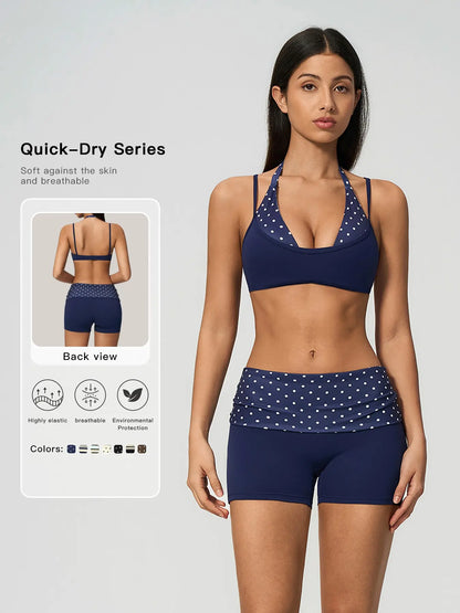 Polka Dot Yoga Set, Halter Neck Strappy Fake Two-Piece Sports Quick-Dry Running Fitness Set