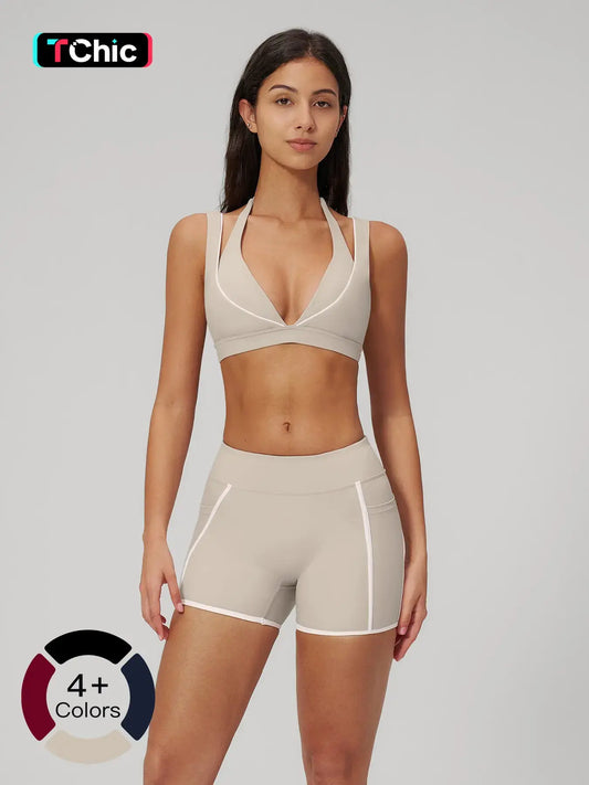 Women's Bare-Look Colorblock Yoga Set, Slimming Fitness Workout Clothes