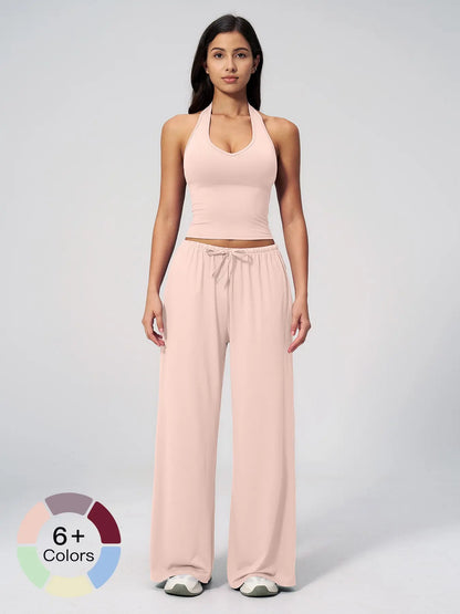 Women's Solid Halter Neck Top & Wide Leg Pants Sports Set, Casual Sleeveless Top & Pants for Daily…