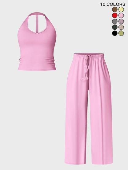 Women's Halter Neck Top & Wide Leg Pants Sports Set, Casual Sleeveless Top & Pants - image 21