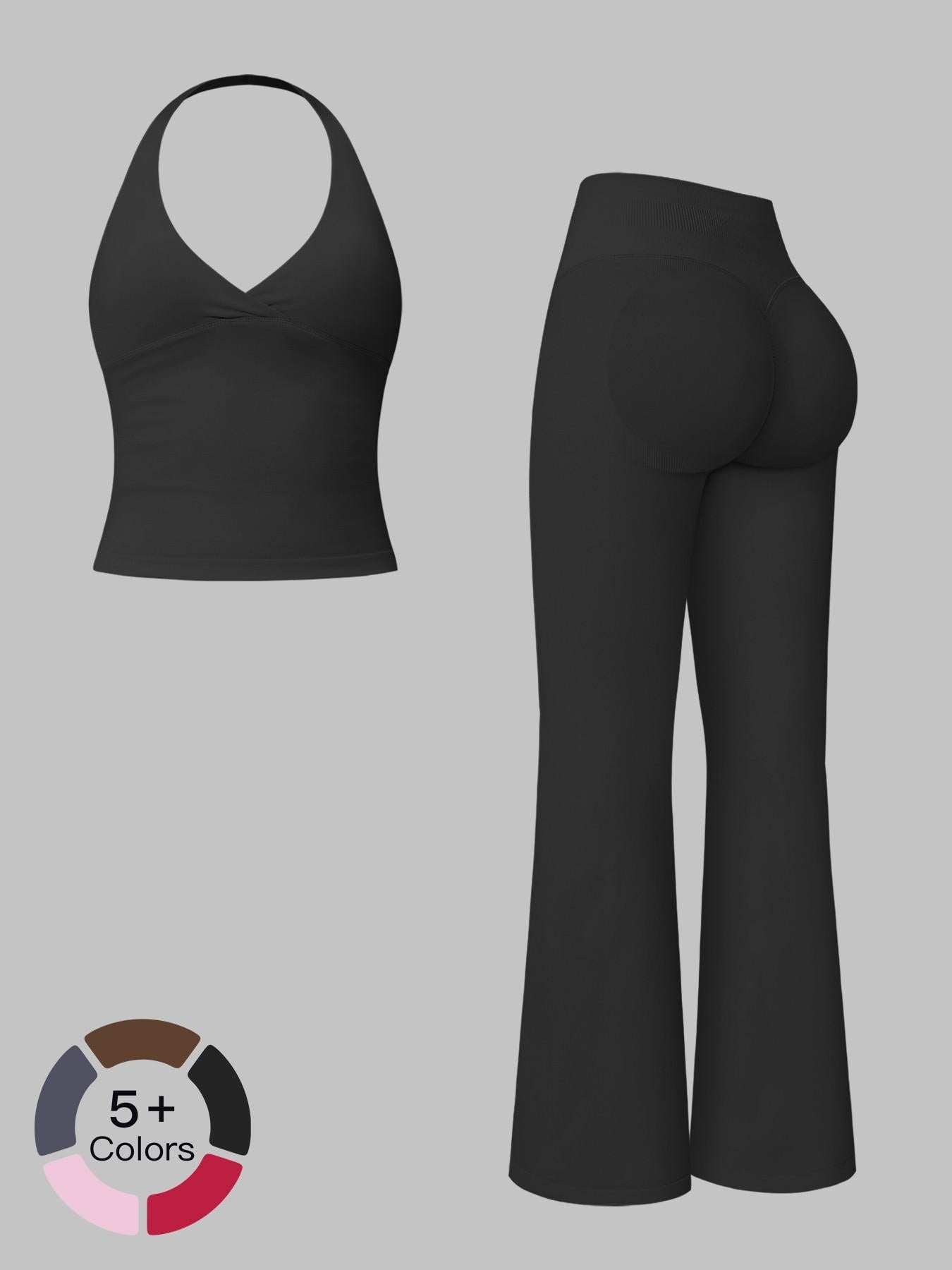 V-Neck Yoga Set for Women, Halter Neck Slim Fit Backless Vertical Ribbed Sports Fitness Yoga Wear - image 21