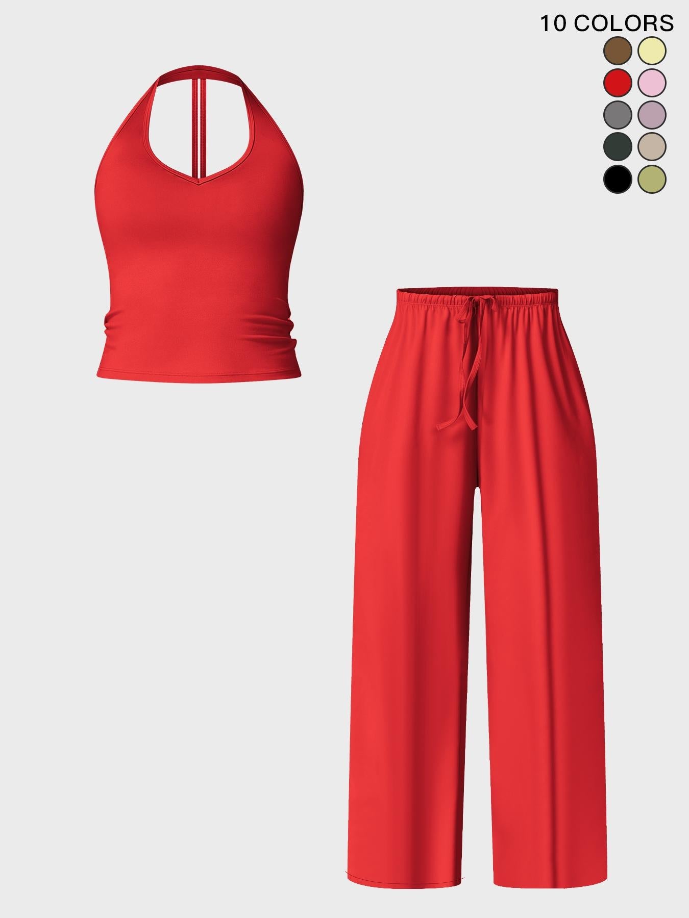 Women's Halter Neck Top & Wide Leg Pants Sports Set, Casual Sleeveless Top & Pants - image 26