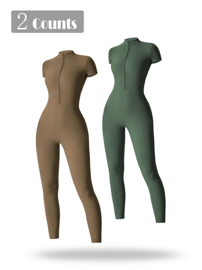 Women's Solid Short Sleeve Half Zip Sports Jumpsuit, Stretchy Jumpsuit