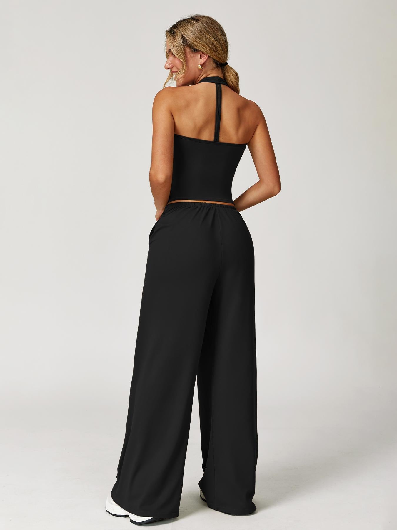 Women's Halter Neck Top & Wide Leg Pants Sports Set, Casual Sleeveless Top & Pants - image 13