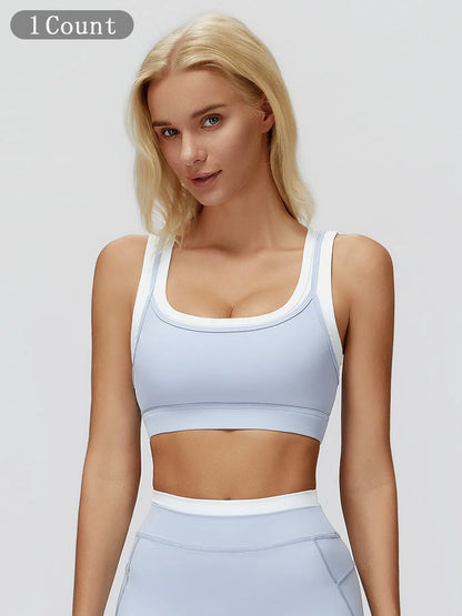 Cross-Border Nude Feel Fake Two-Piece Sports Bra, Ribbed Colorblock Yoga Bra