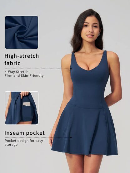 Yoga Sports Tennis Athletic Dress with Side Pockets, Anti-Exposure Quick-Dry Breathable Running…
