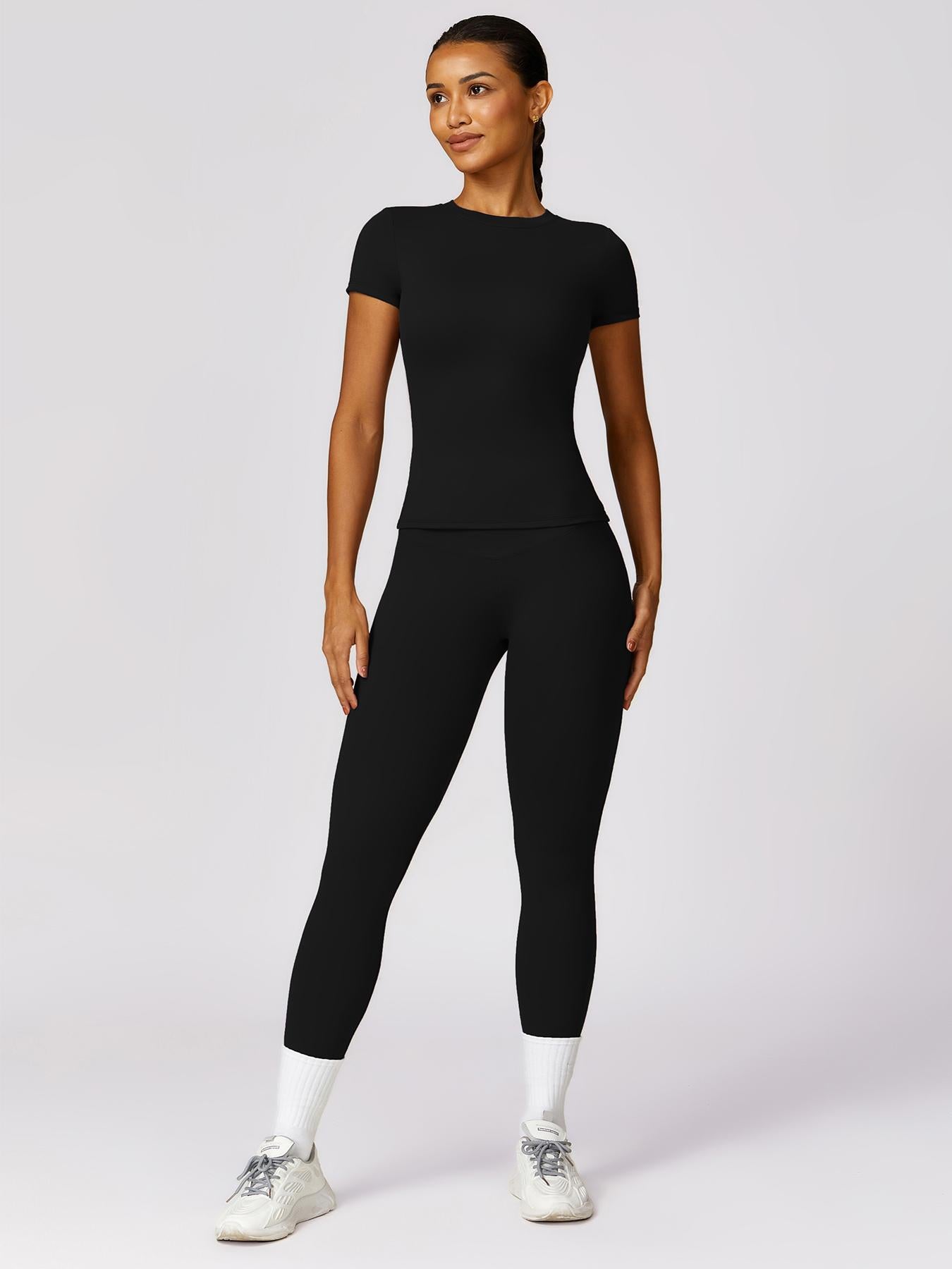 Women's Plain Round Neck Crop Tee & High Waist Leggings Tracksuit Set, Activewear Set - image 16
