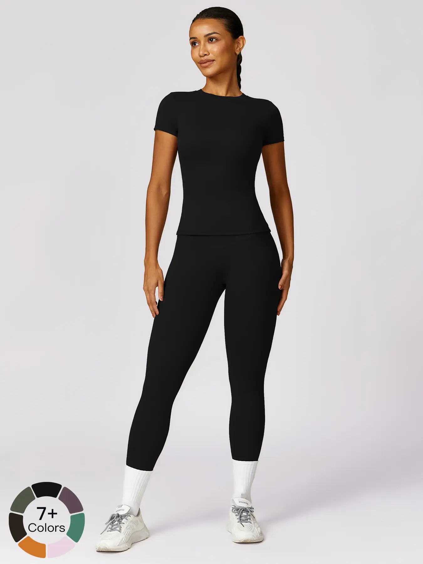 Women's Plain Round Neck Crop Tee & High Waist Leggings Tracksuit Set, Activewear Set - image 7