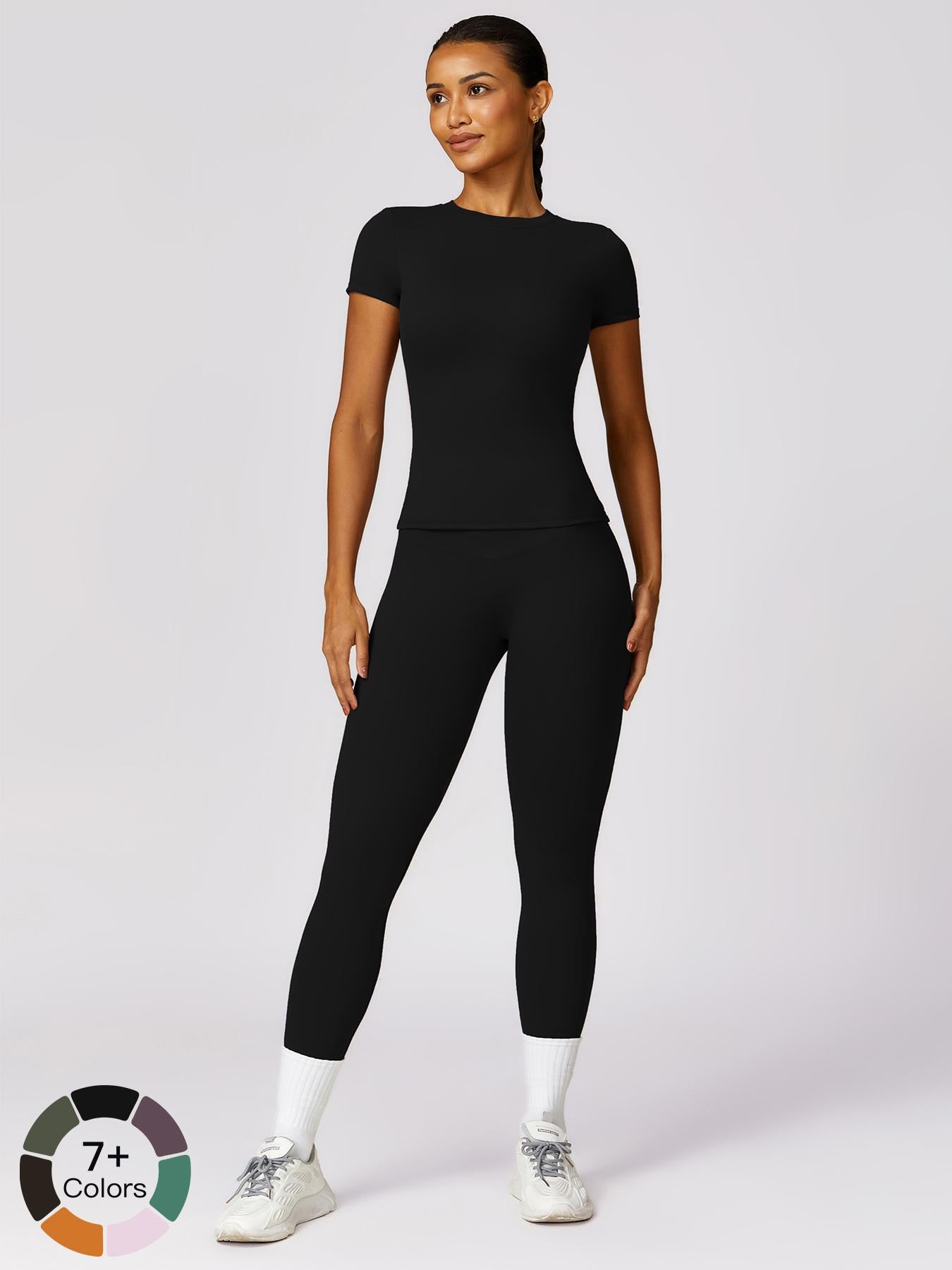Women's Plain Round Neck Crop Tee & High Waist Leggings Tracksuit Set, Activewear Set - image 12