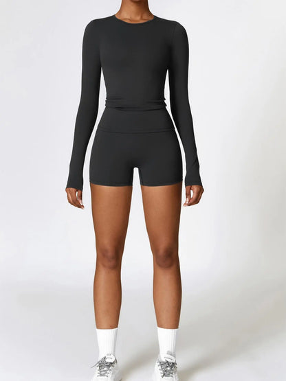 Women's Solid Round Neck Sports Tee & High Waist Shorts Set - image 5