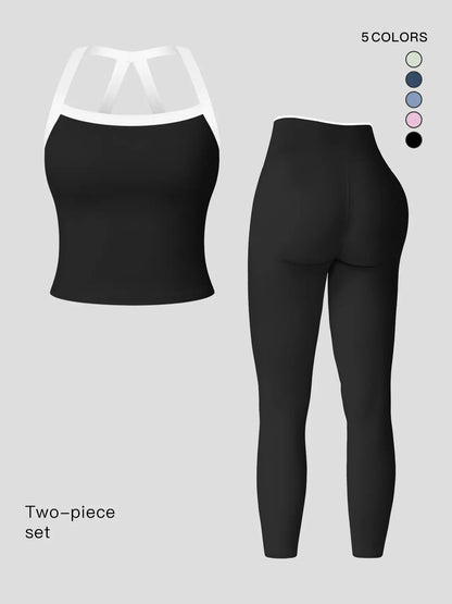 Women's Yoga Set, Colorblock Crisscross Backless Crop Top & High Waist Leggings