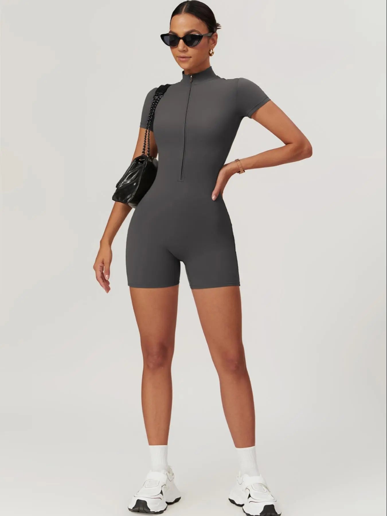 Sporty Women's Solid Color Zip Up Half Placket Mock Neck Sports Skinny Romper, Casual Quick Drying…