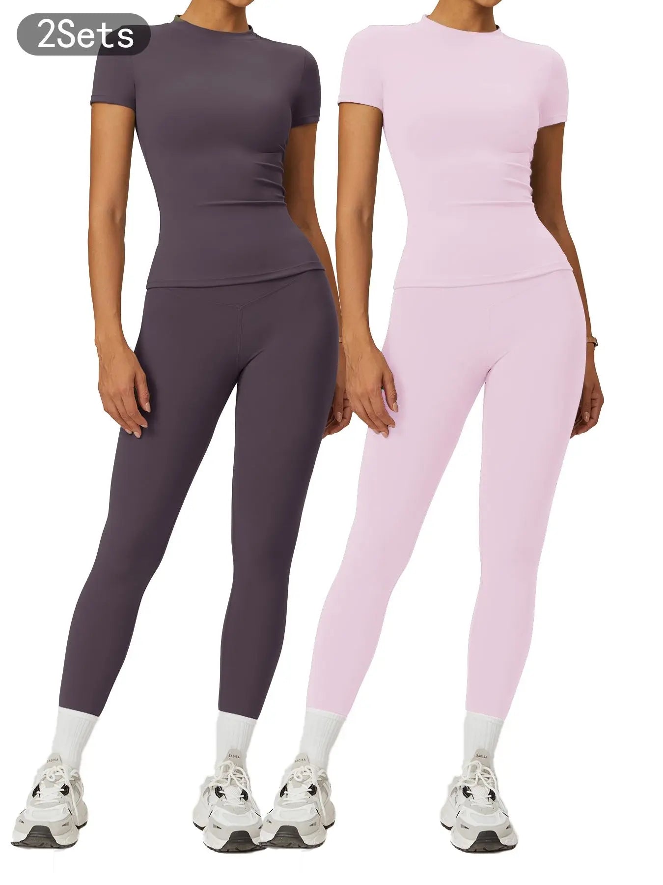 Women's Plain Round Neck Crop Tee & High Waist Leggings Tracksuit Set, Athleisure Workout Set