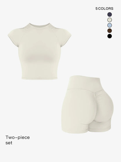 Two-Piece Set Women's Solid Raglan Sleeve Crop Top & High Waist Shorts Tracksuit Set, Sporty Plain…