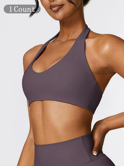Women's Solid Wireless Halter Sports Bra, Breathable Comfortable High Stretch Sports Bra