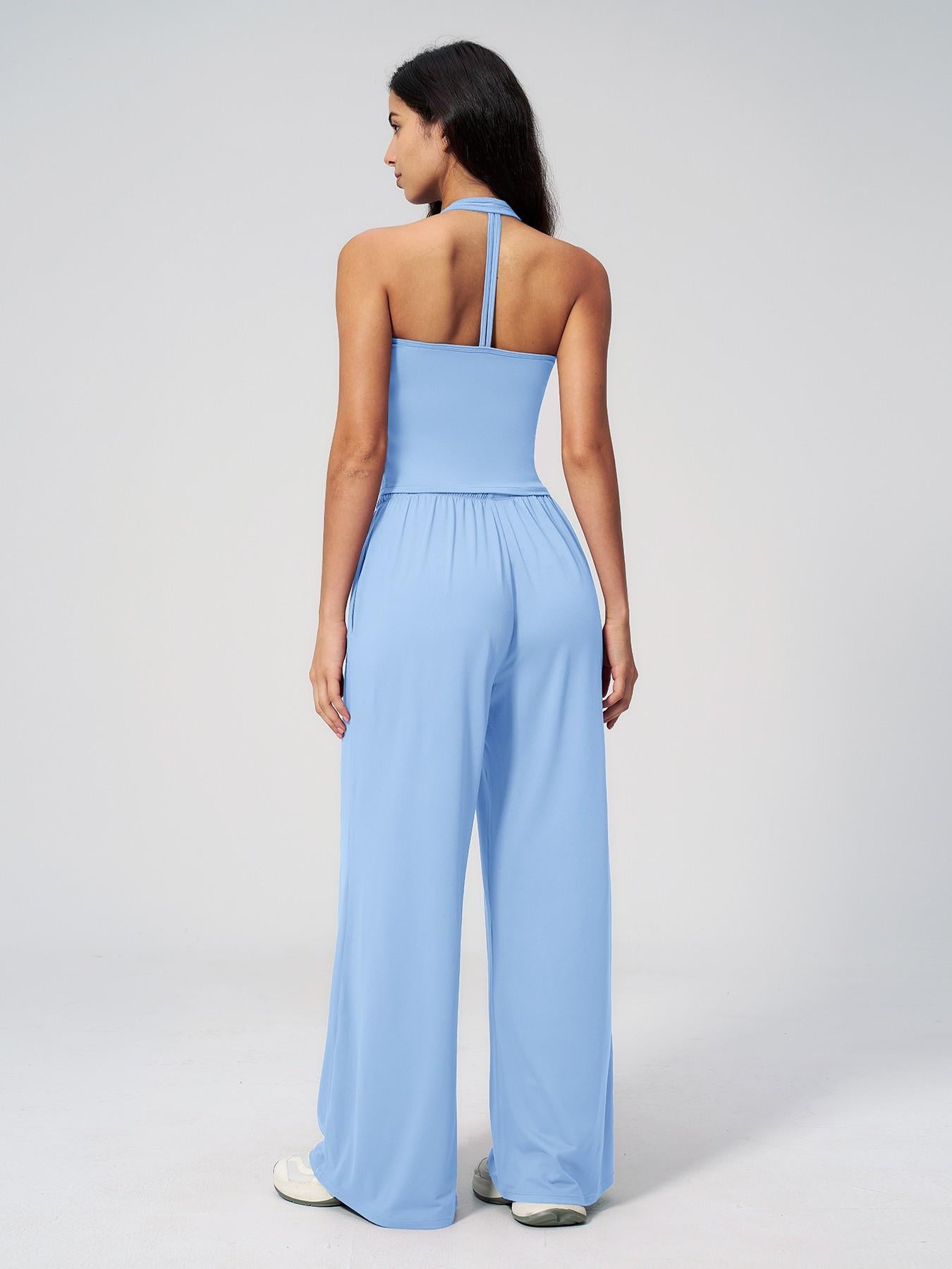 Women's Solid Halter Neck Top & Wide Leg Pants Sports Set, Casual Sleeveless Top & Pants for Daily… - image 12