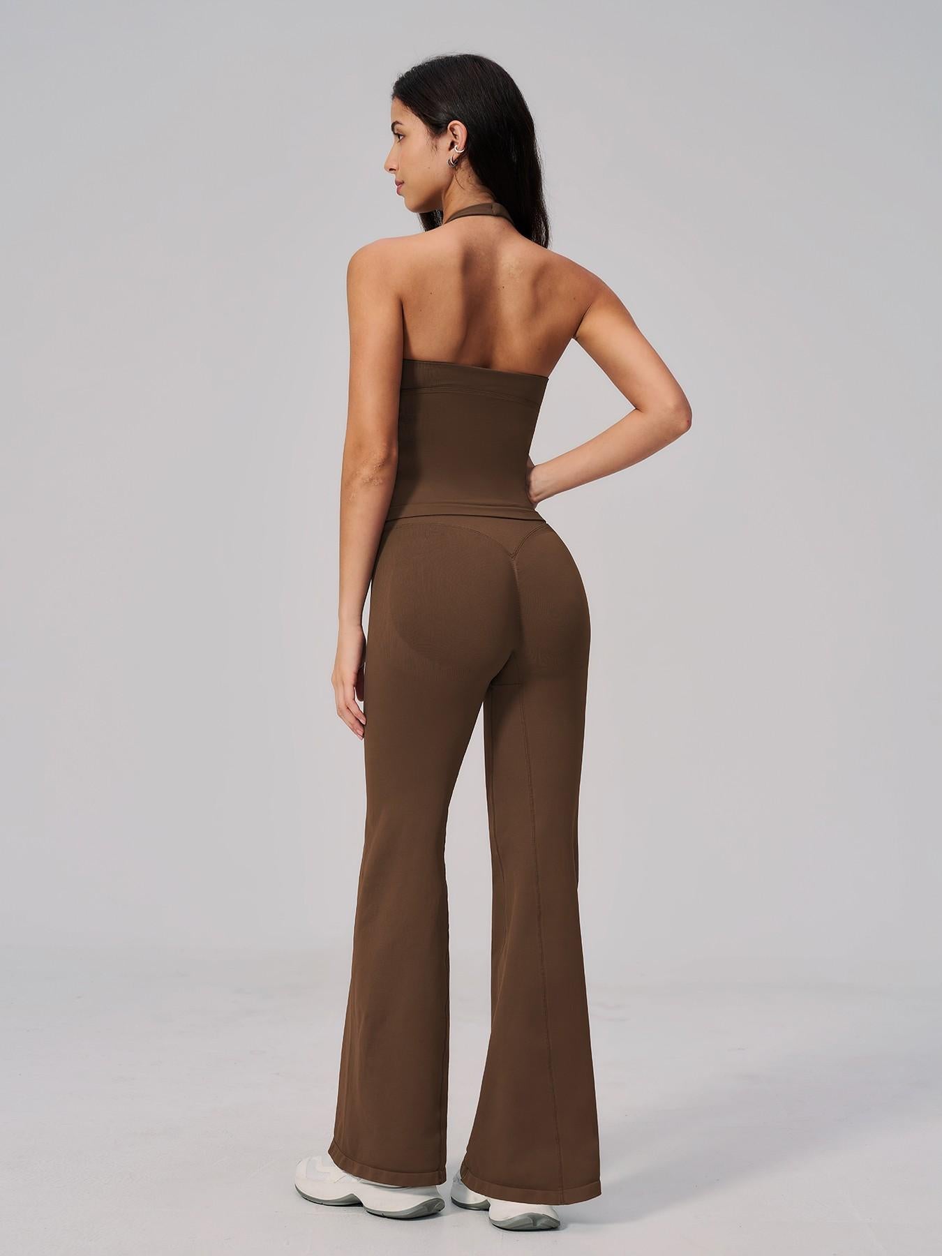 V-Neck Yoga Set for Women, Halter Neck Slim Fit Backless Vertical Ribbed Sports Fitness Yoga Wear - image 12