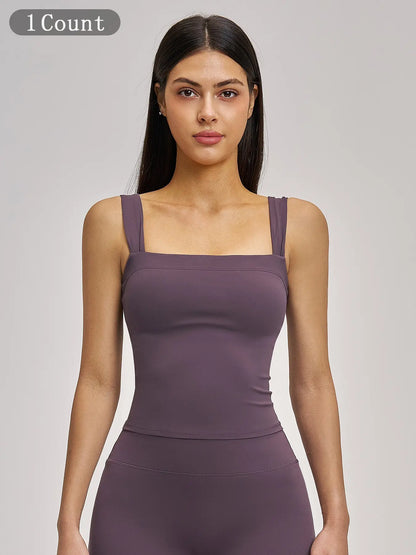 High Elasticity Square Neck Yoga Tank Top with Chest Padding, Outdoor Fitness Solid Sports Bra for Women