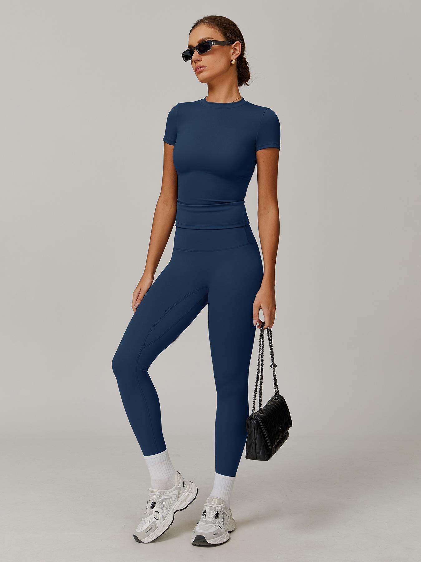 Women's Solid Color Top & High Waist Leggings Sports Set, Casual Comfy Breathable Two-piece Sports… - image 13