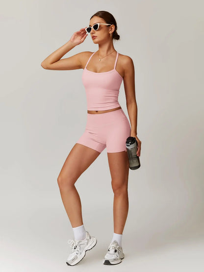Women's Backless Crop Cami & Shorts Set for Activewear and Yoga