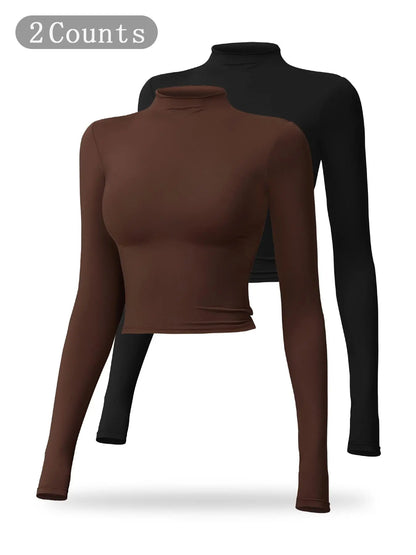 Women's Solid Mock Neck Sports Tee, Quick-Dry Breathable Long Sleeve T-Shirt for Yoga
