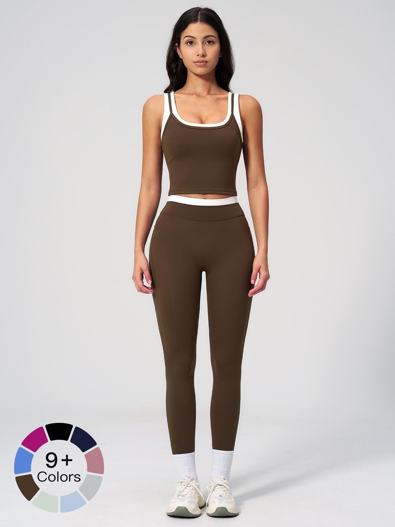 Women's Two-Piece Colorblock Yoga Set, High-Waisted Ribbed Casual Fitness Sportswear - image 23