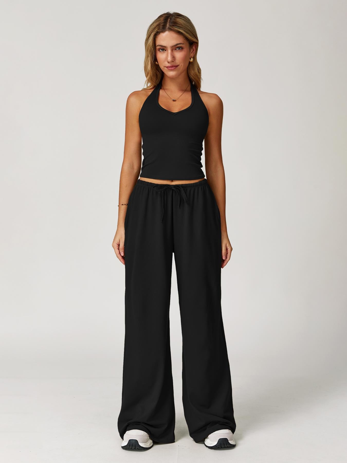Women's Halter Neck Top & Wide Leg Pants Sports Set, Casual Sleeveless Top & Pants - image 15