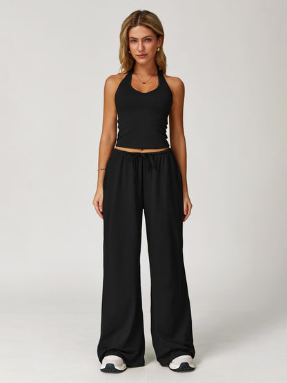 Women's Halter Neck Top & Wide Leg Pants Sports Set, Casual Sleeveless Top & Pants - image 15