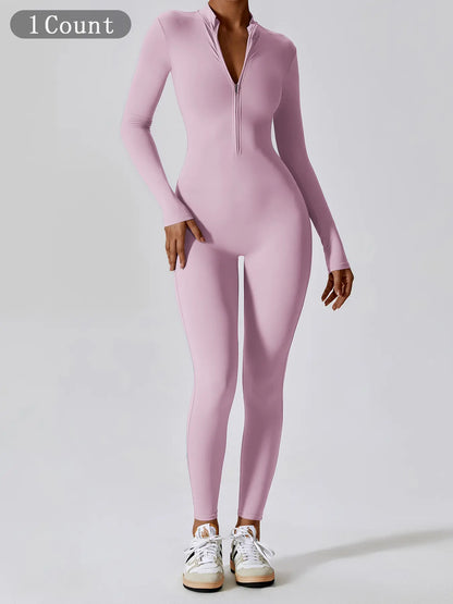 Women's Solid Zip Up Long Sleeve Sports Jumpsuit - image 2