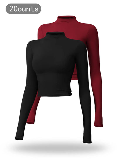 Women's Solid Mock Neck Sports Tee, Quick-Dry Breathable Long Sleeve T-Shirt for Yoga - image 4