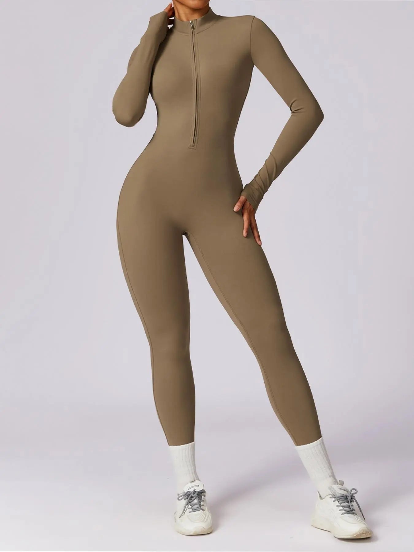 Women's Solid Zip Up Long Sleeve Sports Jumpsuit