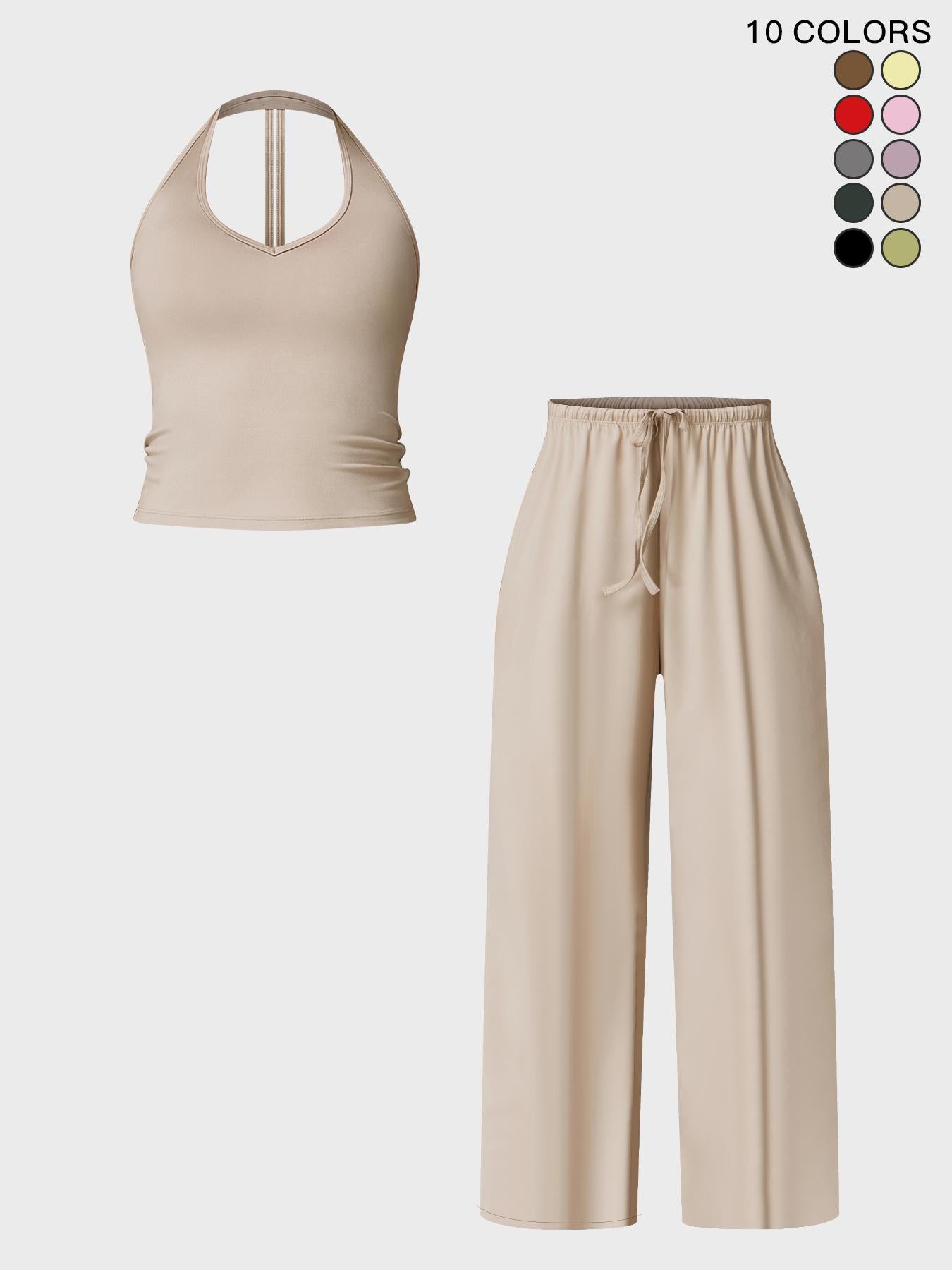 Women's Halter Neck Top & Wide Leg Pants Sports Set, Casual Sleeveless Top & Pants - image 22