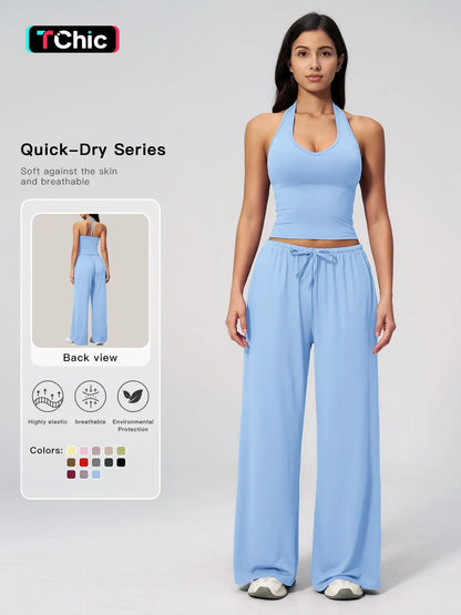 Women's Solid Halter Neck Top & Wide Leg Pants Sports Set, Casual Sleeveless Top & Pants for Daily…