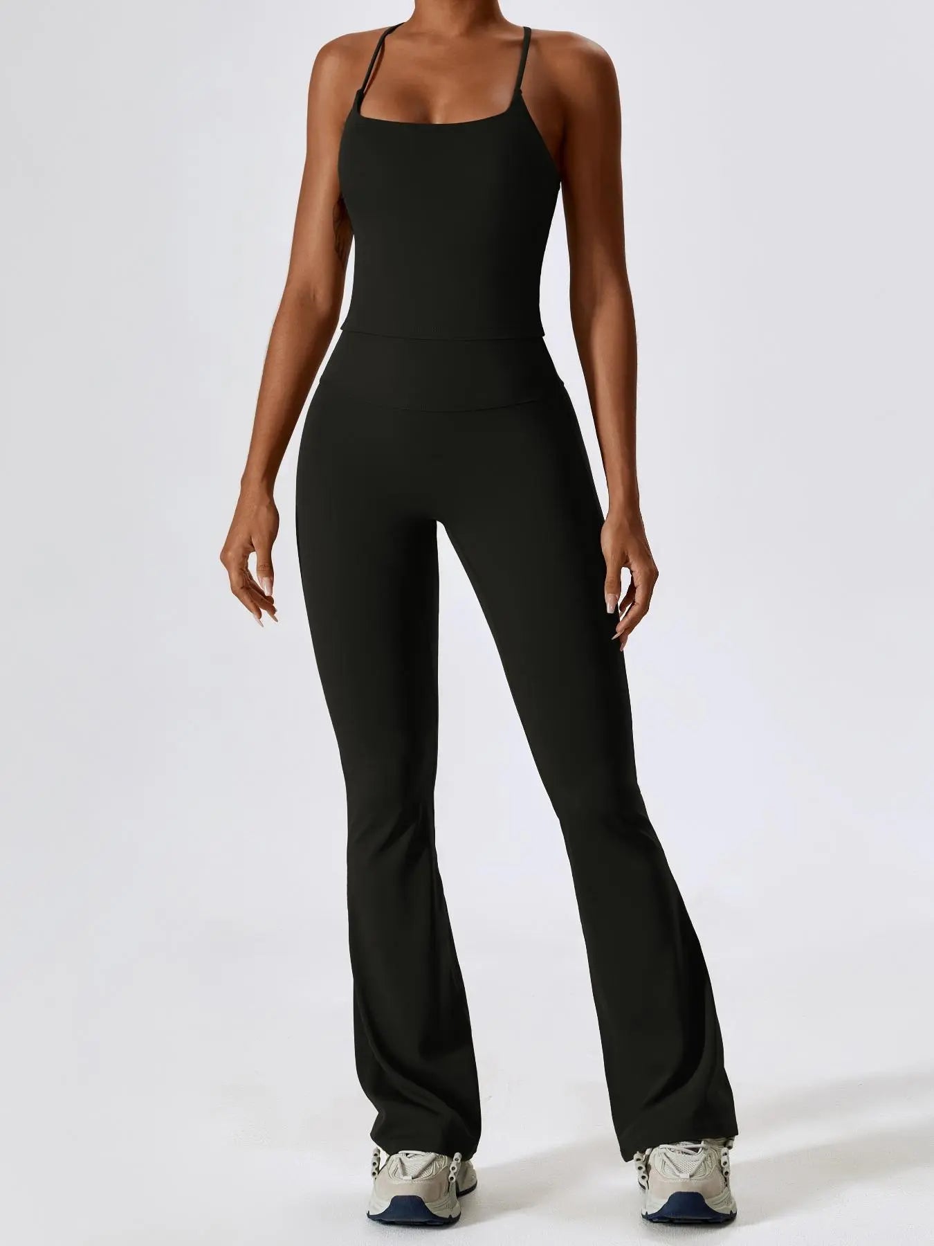 Two-Piece Set Women's Solid Criss Cross Backless Cami Top & Flare Leg Pants, Fitness Activewear